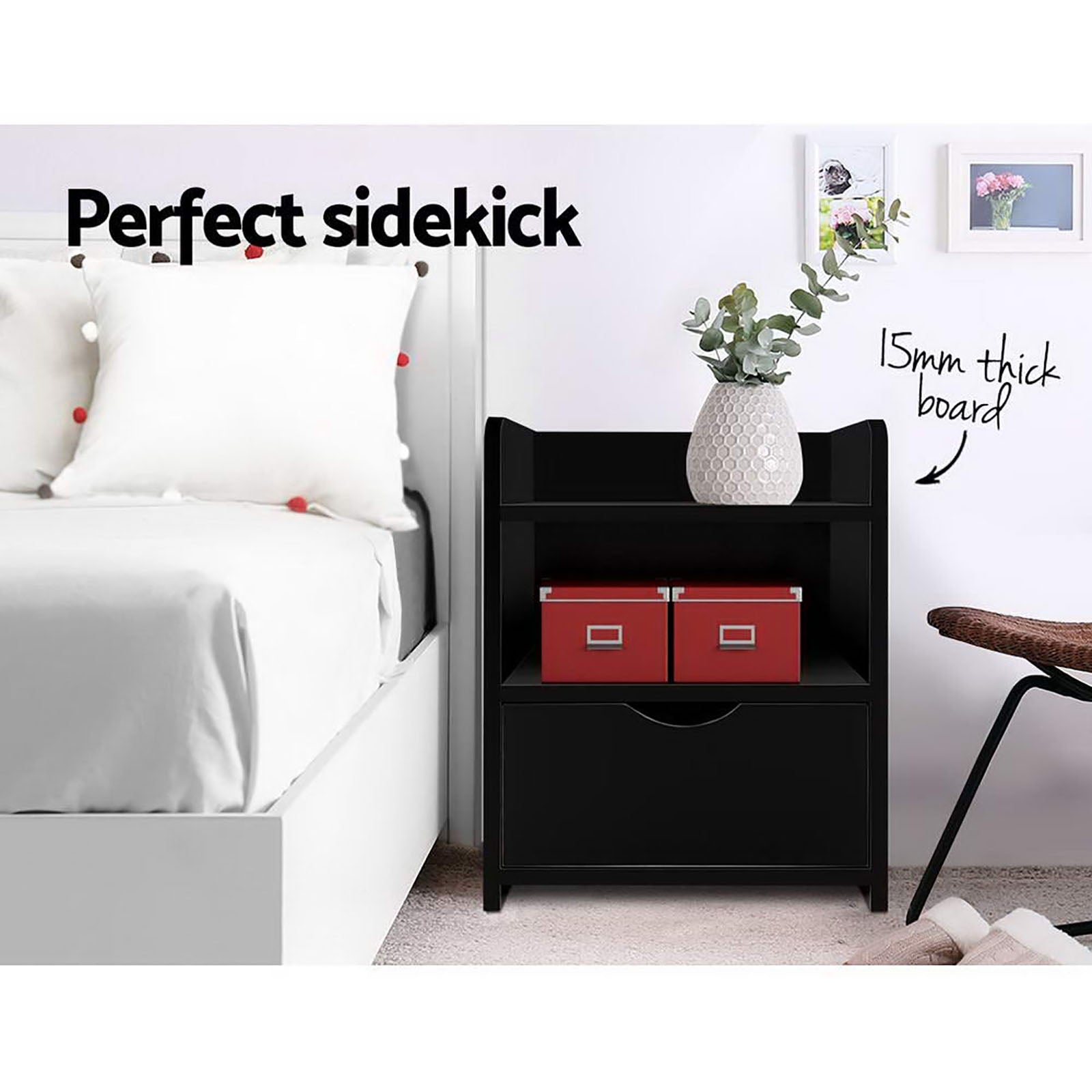 2X Bedside Table 1 Drawer with Shelf - FARA Black - Furniture > Bedroom > Bedside Tables - Rivercity House & Home Co. (ABN 18 642 972 209) - Affordable Modern Furniture Australia