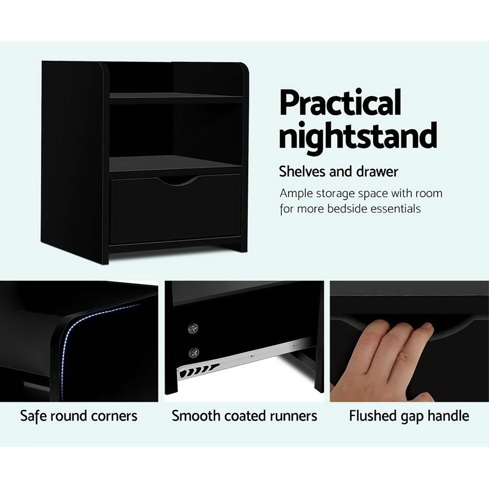 2X Bedside Table 1 Drawer with Shelf - FARA Black - Furniture > Bedroom > Bedside Tables - Rivercity House & Home Co. (ABN 18 642 972 209) - Affordable Modern Furniture Australia