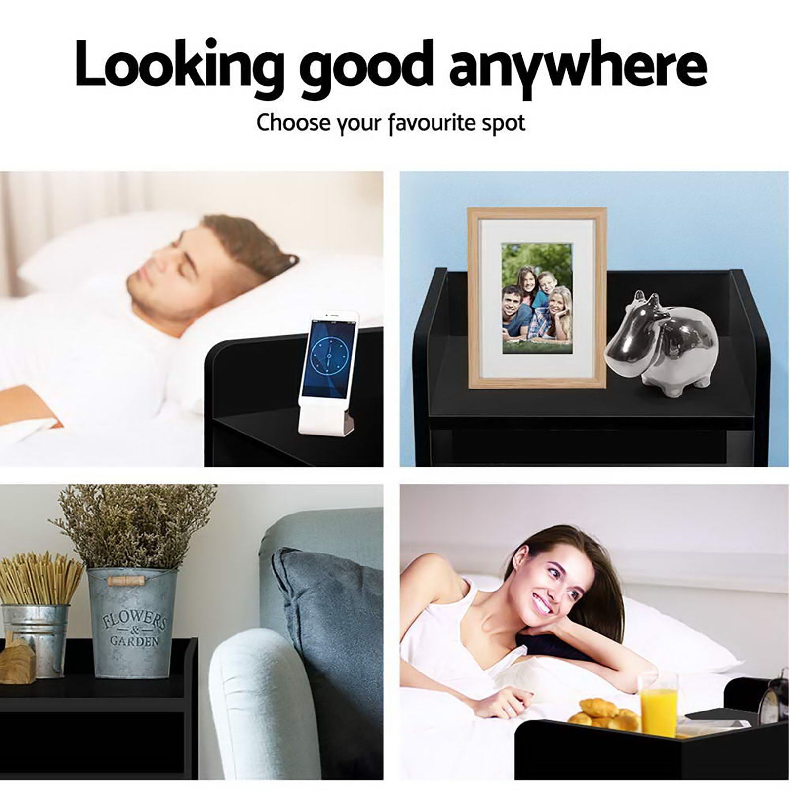 2X Bedside Table 1 Drawer with Shelf - FARA Black - Furniture > Bedroom > Bedside Tables - Rivercity House & Home Co. (ABN 18 642 972 209) - Affordable Modern Furniture Australia