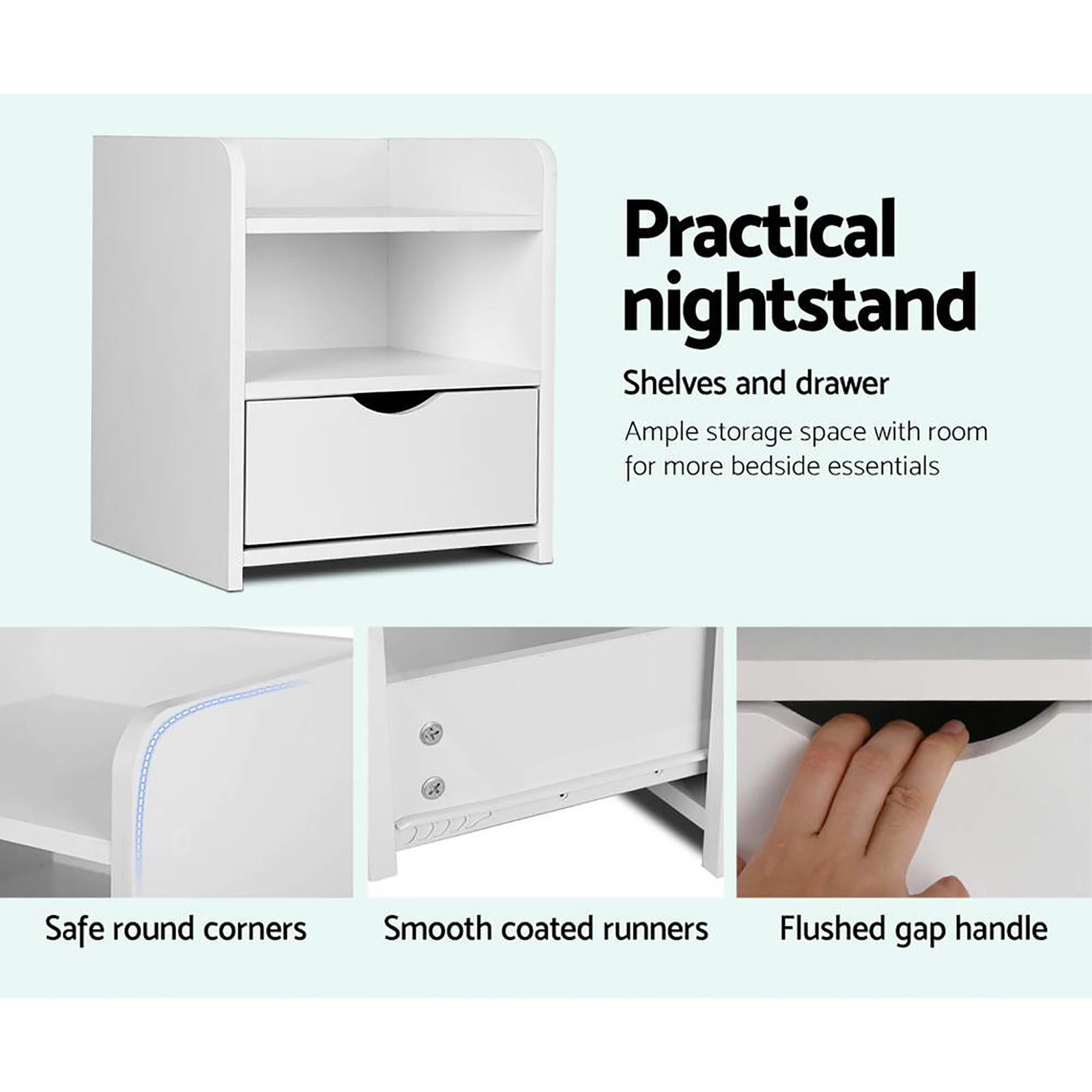 2X Bedside Table 1 Drawer with Shelf - FARA White - Furniture > Bedroom > Bedside Tables - Rivercity House & Home Co. (ABN 18 642 972 209) - Affordable Modern Furniture Australia