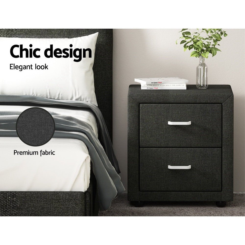 2X Bedside Table 2 Drawers Fabric - CADEN Charcoal - Furniture > Bedroom > Bedside Tables - Rivercity House & Home Co. (ABN 18 642 972 209) - Affordable Modern Furniture Australia