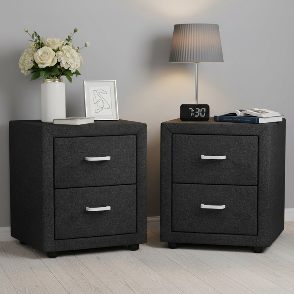2X Bedside Table 2 Drawers Fabric - CADEN Charcoal - Furniture > Bedroom > Bedside Tables - Rivercity House & Home Co. (ABN 18 642 972 209) - Affordable Modern Furniture Australia