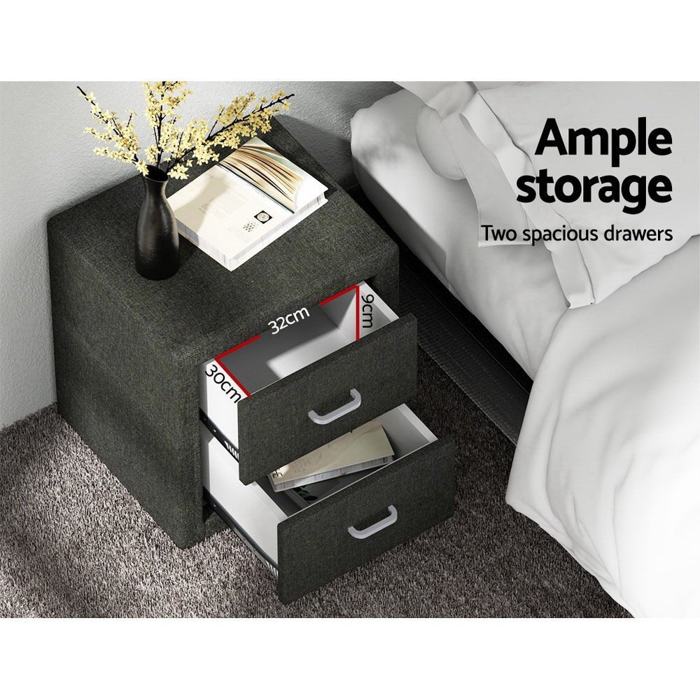 2X Bedside Table 2 Drawers Fabric - CADEN Charcoal - Furniture > Bedroom > Bedside Tables - Rivercity House & Home Co. (ABN 18 642 972 209) - Affordable Modern Furniture Australia