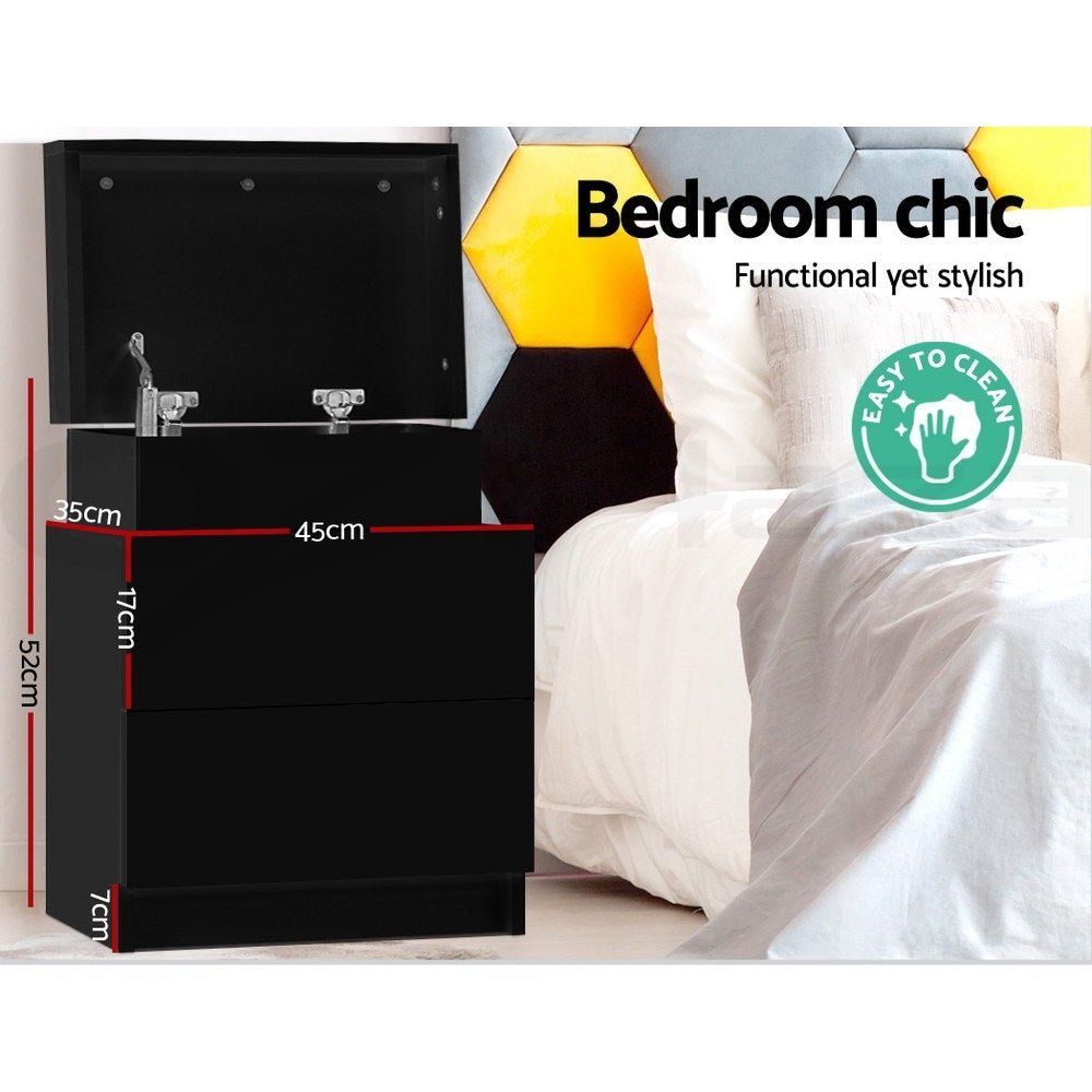 2X Bedside Table 2 Drawers Lift - up Storage Black - Furniture > Bedroom > Bedside Tables - Rivercity House & Home Co. (ABN 18 642 972 209) - Affordable Modern Furniture Australia