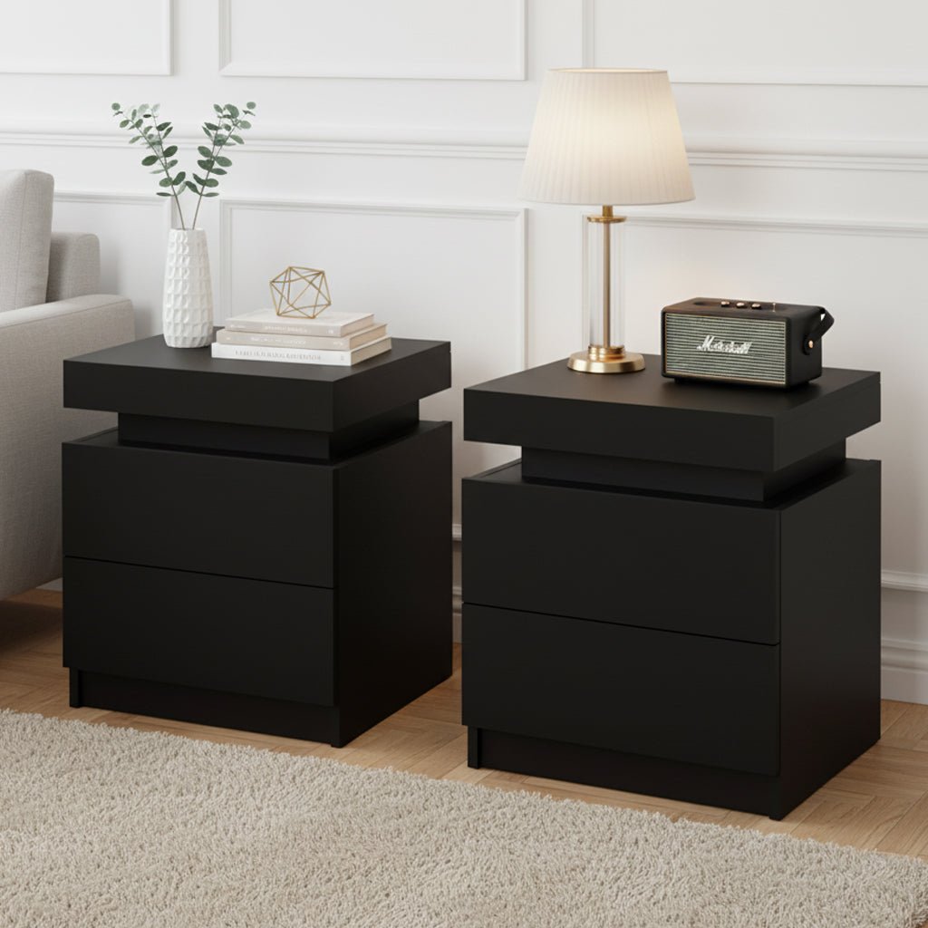 2X Bedside Table 2 Drawers Lift - up Storage Black - Furniture > Bedroom > Bedside Tables - Rivercity House & Home Co. (ABN 18 642 972 209) - Affordable Modern Furniture Australia