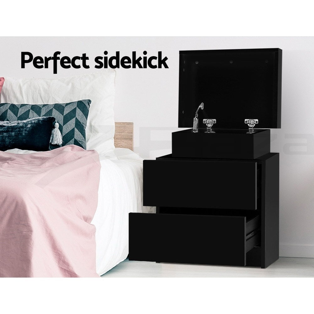 2X Bedside Table 2 Drawers Lift - up Storage Black - Furniture > Bedroom > Bedside Tables - Rivercity House & Home Co. (ABN 18 642 972 209) - Affordable Modern Furniture Australia