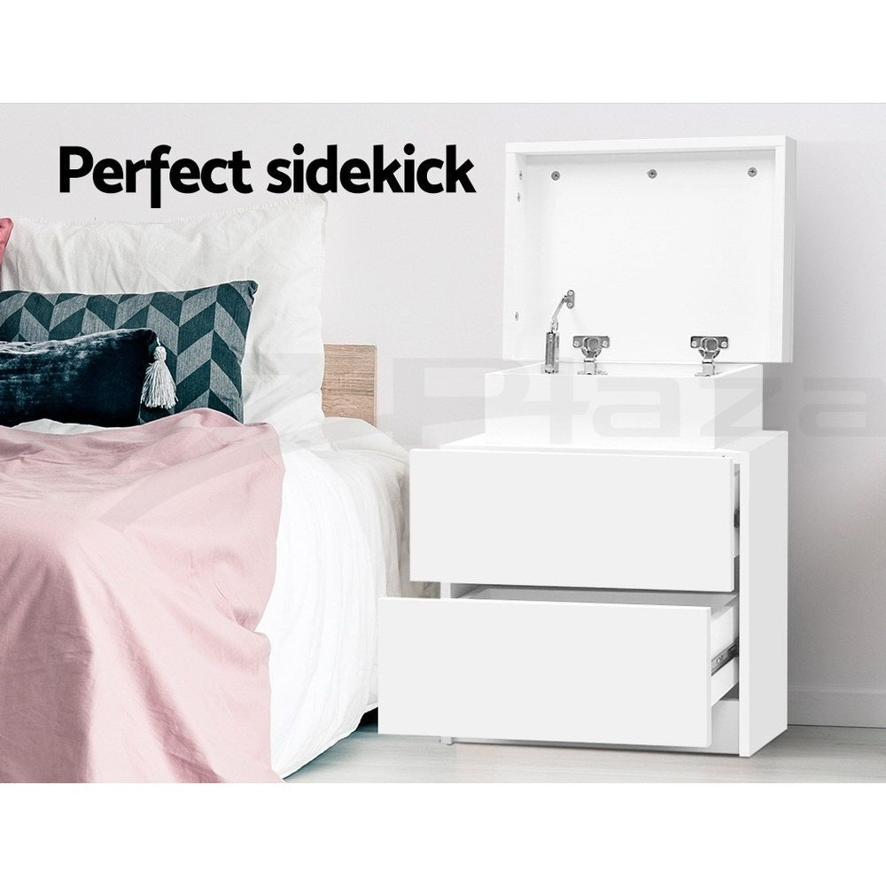 2X Bedside Table 2 Drawers Lift - up Storage White - Furniture > Bedroom > Bedside Tables - Rivercity House & Home Co. (ABN 18 642 972 209) - Affordable Modern Furniture Australia