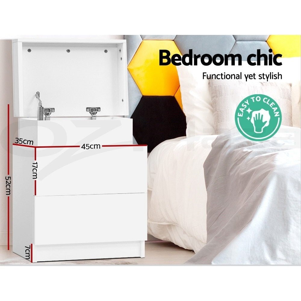 2X Bedside Table 2 Drawers Lift - up Storage White - Furniture > Bedroom > Bedside Tables - Rivercity House & Home Co. (ABN 18 642 972 209) - Affordable Modern Furniture Australia