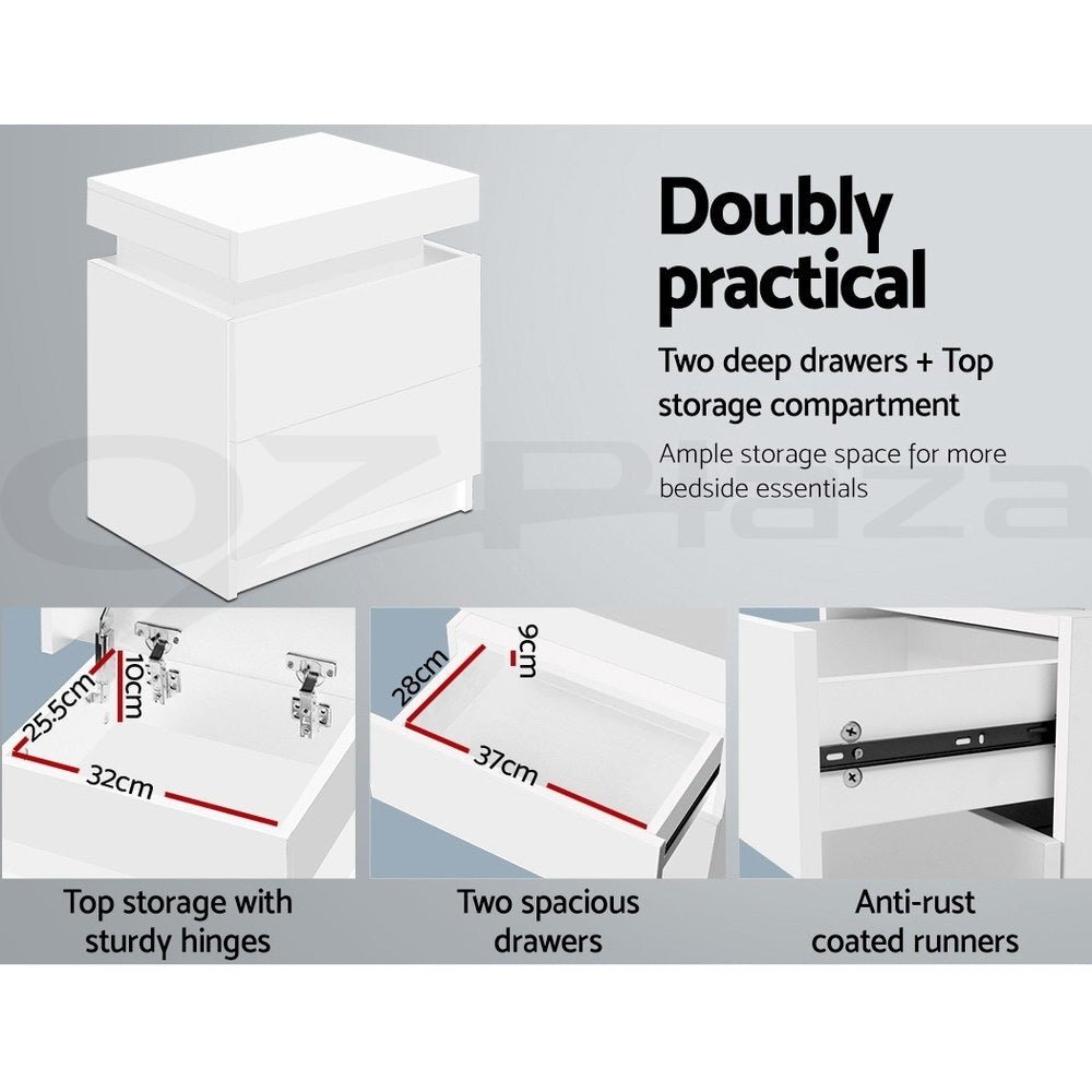 2X Bedside Table 2 Drawers Lift - up Storage White - Furniture > Bedroom > Bedside Tables - Rivercity House & Home Co. (ABN 18 642 972 209) - Affordable Modern Furniture Australia