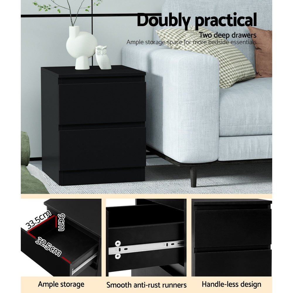 2x Bedside Table 2 Drawers - PEPE Black - Furniture > Bedroom > Bedside Tables - Rivercity House & Home Co. (ABN 18 642 972 209) - Affordable Modern Furniture Australia