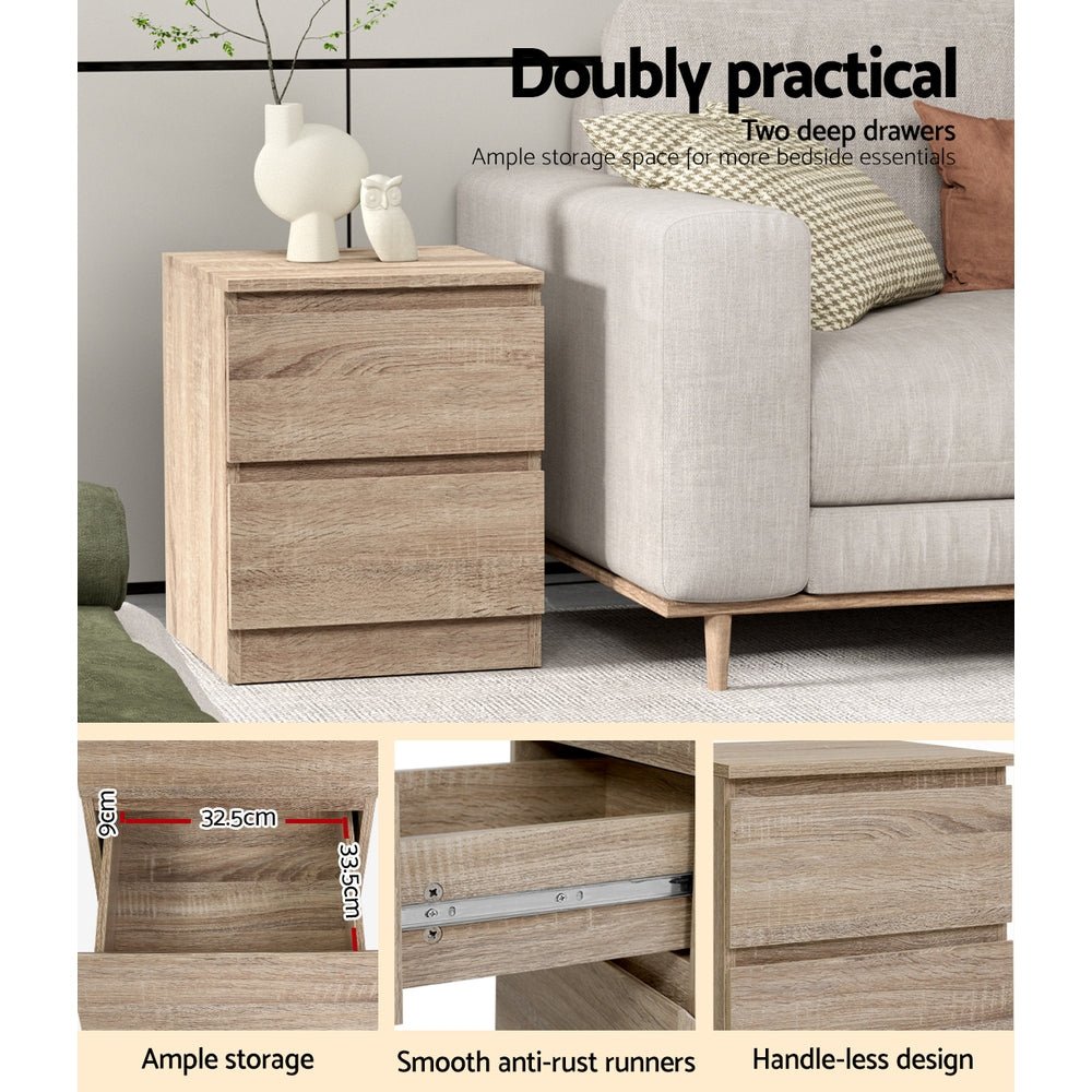 2x Bedside Table 2 Drawers - PEPE Oak - Furniture > Bedroom > Bedside Tables - Rivercity House & Home Co. (ABN 18 642 972 209) - Affordable Modern Furniture Australia