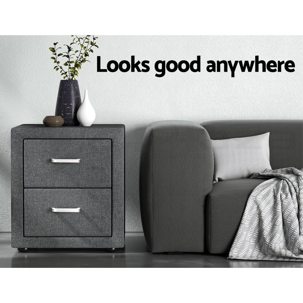 2X Bedside Table 2 Drawers Side Table Fabric - CADEN Grey - Furniture > Bedroom > Bedside Tables - Rivercity House & Home Co. (ABN 18 642 972 209) - Affordable Modern Furniture Australia