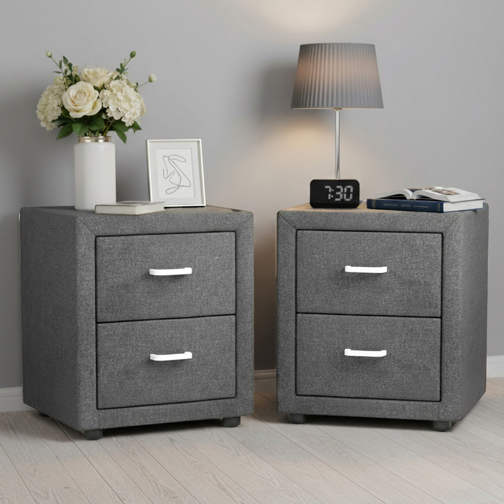 2X Bedside Table 2 Drawers Side Table Fabric - CADEN Grey - Furniture > Bedroom > Bedside Tables - Rivercity House & Home Co. (ABN 18 642 972 209) - Affordable Modern Furniture Australia