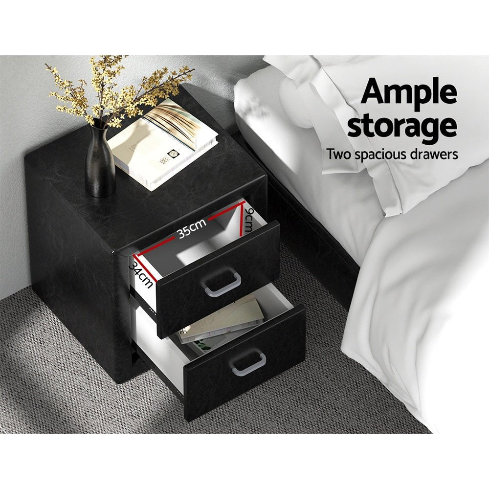 2X Bedside Table 2 Drawers Side Table Leather - CADEN Black - Furniture > Bedroom > Bedside Tables - Rivercity House & Home Co. (ABN 18 642 972 209) - Affordable Modern Furniture Australia