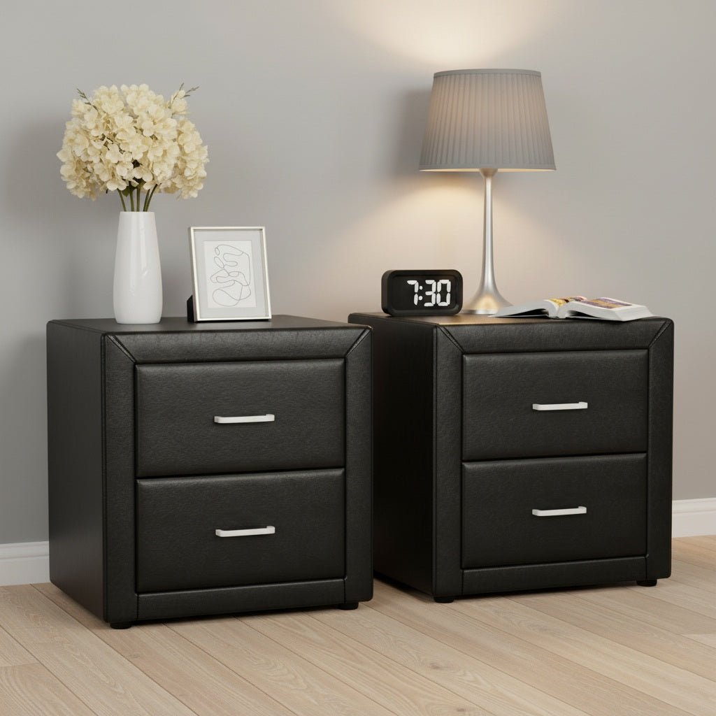2X Bedside Table 2 Drawers Side Table Leather - CADEN Black - Furniture > Bedroom > Bedside Tables - Rivercity House & Home Co. (ABN 18 642 972 209) - Affordable Modern Furniture Australia