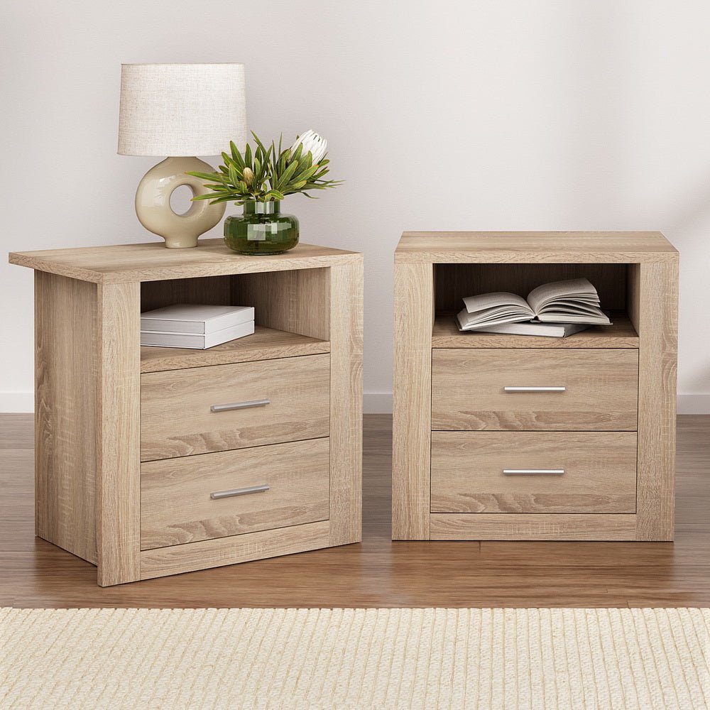 2X Bedside Table 2 Drawers with Shelf - TARA Oak - Furniture > Bedroom > Bedside Tables - Rivercity House & Home Co. (ABN 18 642 972 209) - Affordable Modern Furniture Australia
