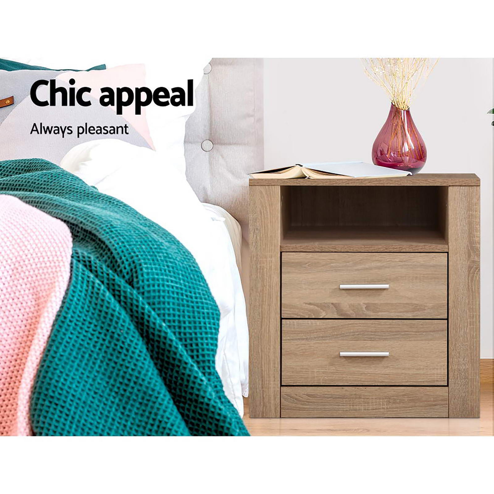 2X Bedside Table 2 Drawers with Shelf - TARA Oak - Furniture > Bedroom > Bedside Tables - Rivercity House & Home Co. (ABN 18 642 972 209) - Affordable Modern Furniture Australia