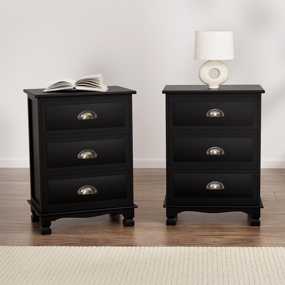 2x Bedside Table 3 Drawers Vintage - THYME Black - Furniture > Bedroom > Bedside Tables - Rivercity House & Home Co. (ABN 18 642 972 209) - Affordable Modern Furniture Australia