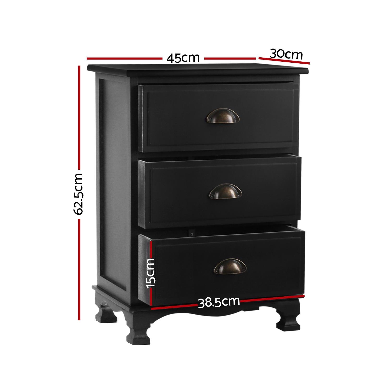 2x Bedside Table 3 Drawers Vintage - THYME Black - Furniture > Bedroom > Bedside Tables - Rivercity House & Home Co. (ABN 18 642 972 209) - Affordable Modern Furniture Australia