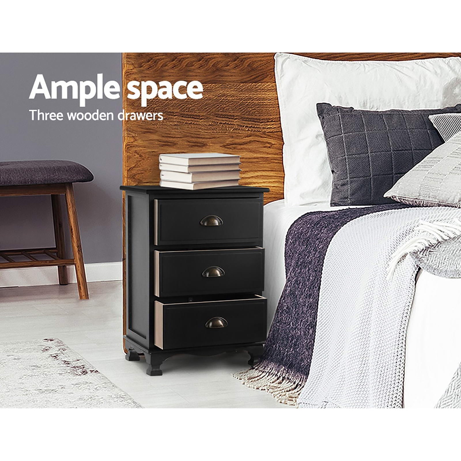 2x Bedside Table 3 Drawers Vintage - THYME Black - Furniture > Bedroom > Bedside Tables - Rivercity House & Home Co. (ABN 18 642 972 209) - Affordable Modern Furniture Australia