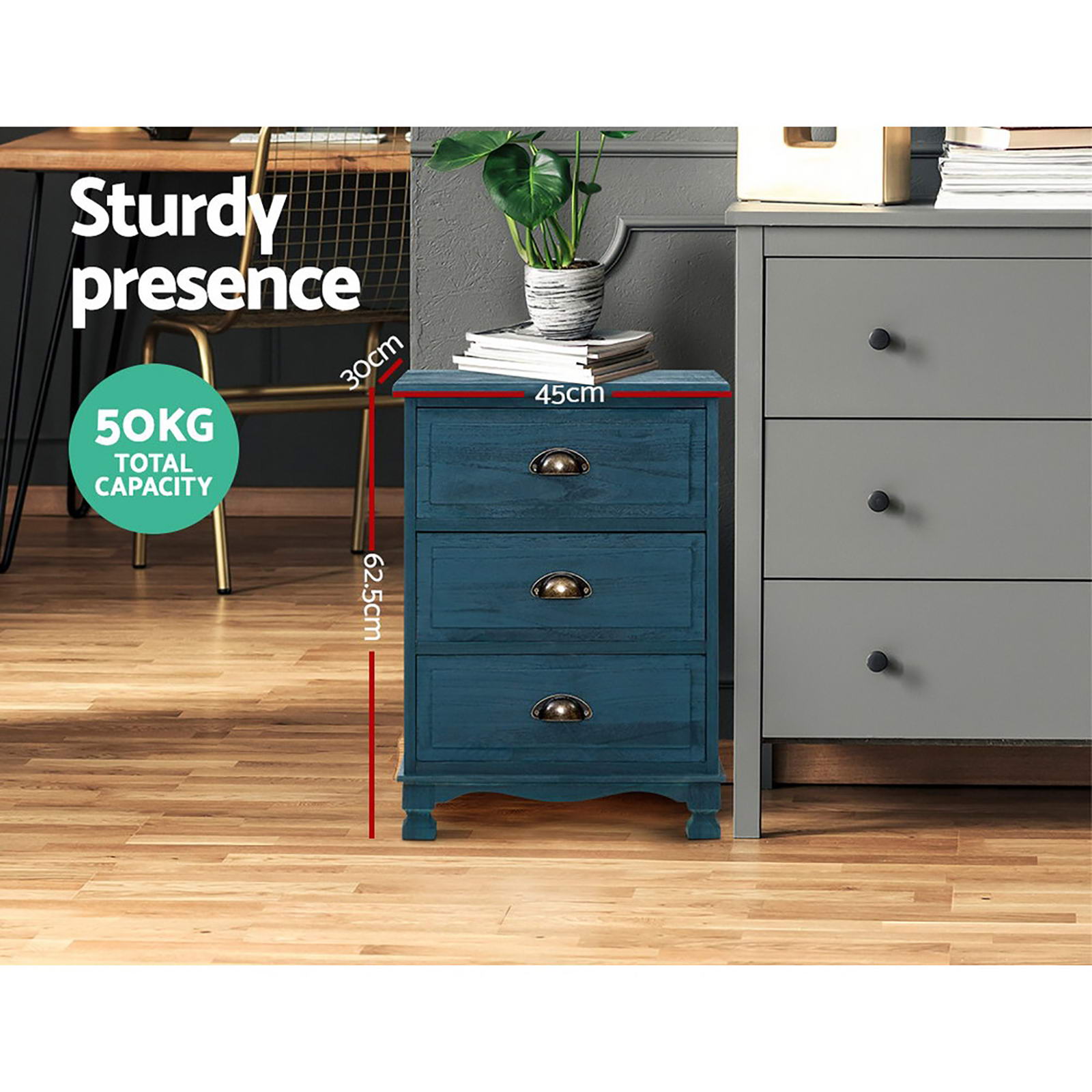 2x Bedside Table 3 Drawers Vintage - THYME Blue - Furniture > Bedroom > Bedside Tables - Rivercity House & Home Co. (ABN 18 642 972 209) - Affordable Modern Furniture Australia