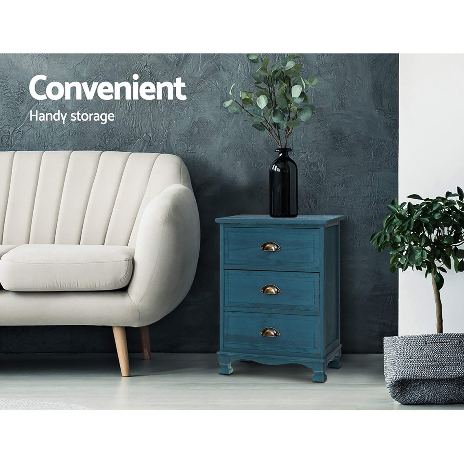 2x Bedside Table 3 Drawers Vintage - THYME Blue - Furniture > Bedroom > Bedside Tables - Rivercity House & Home Co. (ABN 18 642 972 209) - Affordable Modern Furniture Australia