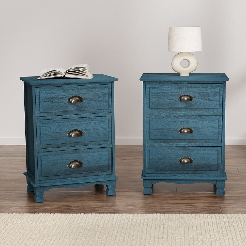 2x Bedside Table 3 Drawers Vintage - THYME Blue - Furniture > Bedroom > Bedside Tables - Rivercity House & Home Co. (ABN 18 642 972 209) - Affordable Modern Furniture Australia