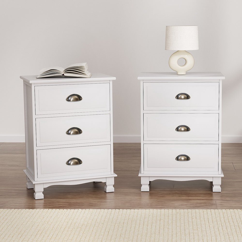 2x Bedside Table 3 Drawers Vintage - THYME White - Furniture > Bedroom > Bedside Tables - Rivercity House & Home Co. (ABN 18 642 972 209) - Affordable Modern Furniture Australia