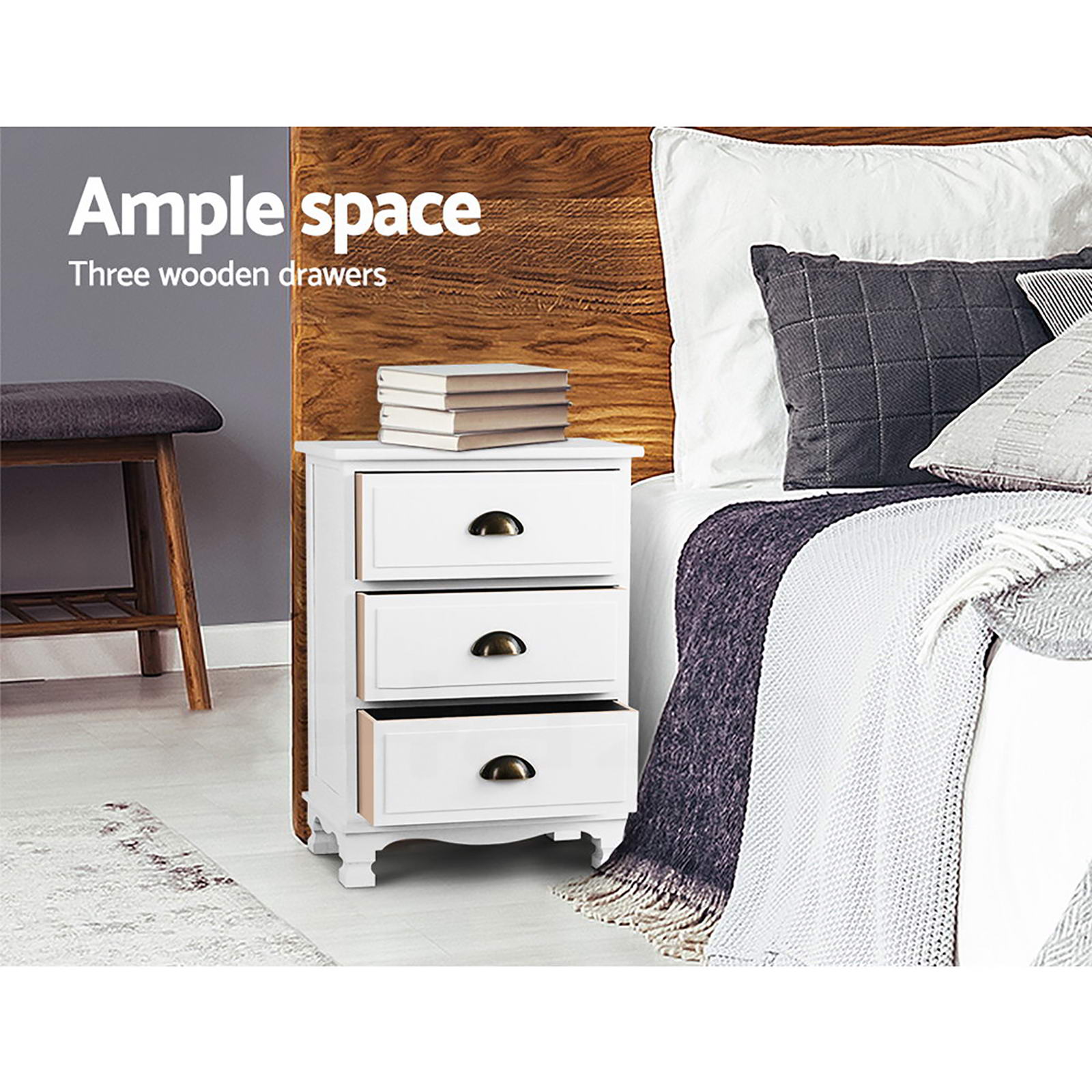 2x Bedside Table 3 Drawers Vintage - THYME White - Furniture > Bedroom > Bedside Tables - Rivercity House & Home Co. (ABN 18 642 972 209) - Affordable Modern Furniture Australia