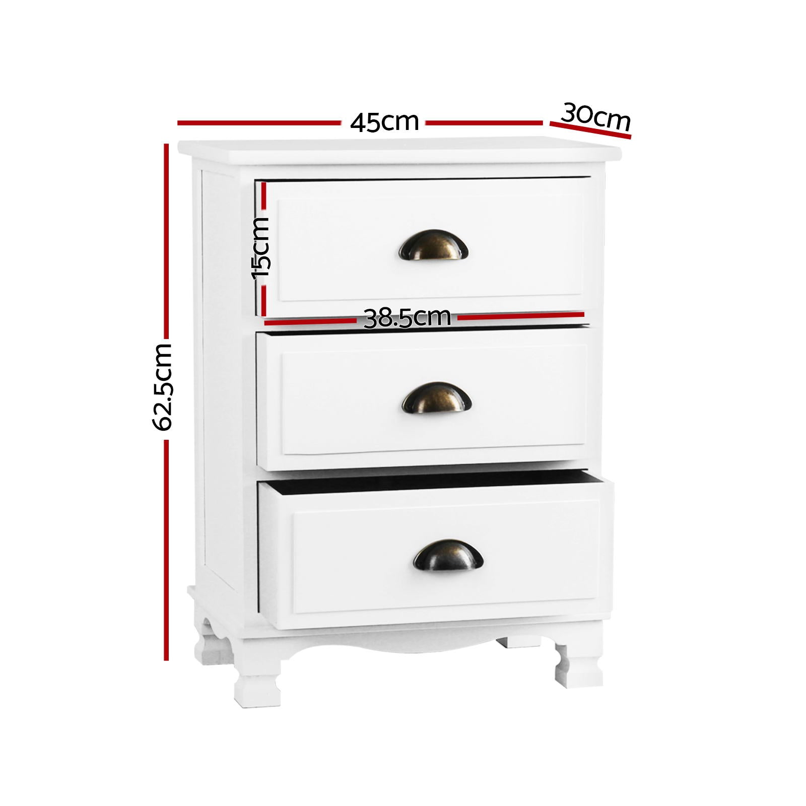 2x Bedside Table 3 Drawers Vintage - THYME White - Furniture > Bedroom > Bedside Tables - Rivercity House & Home Co. (ABN 18 642 972 209) - Affordable Modern Furniture Australia