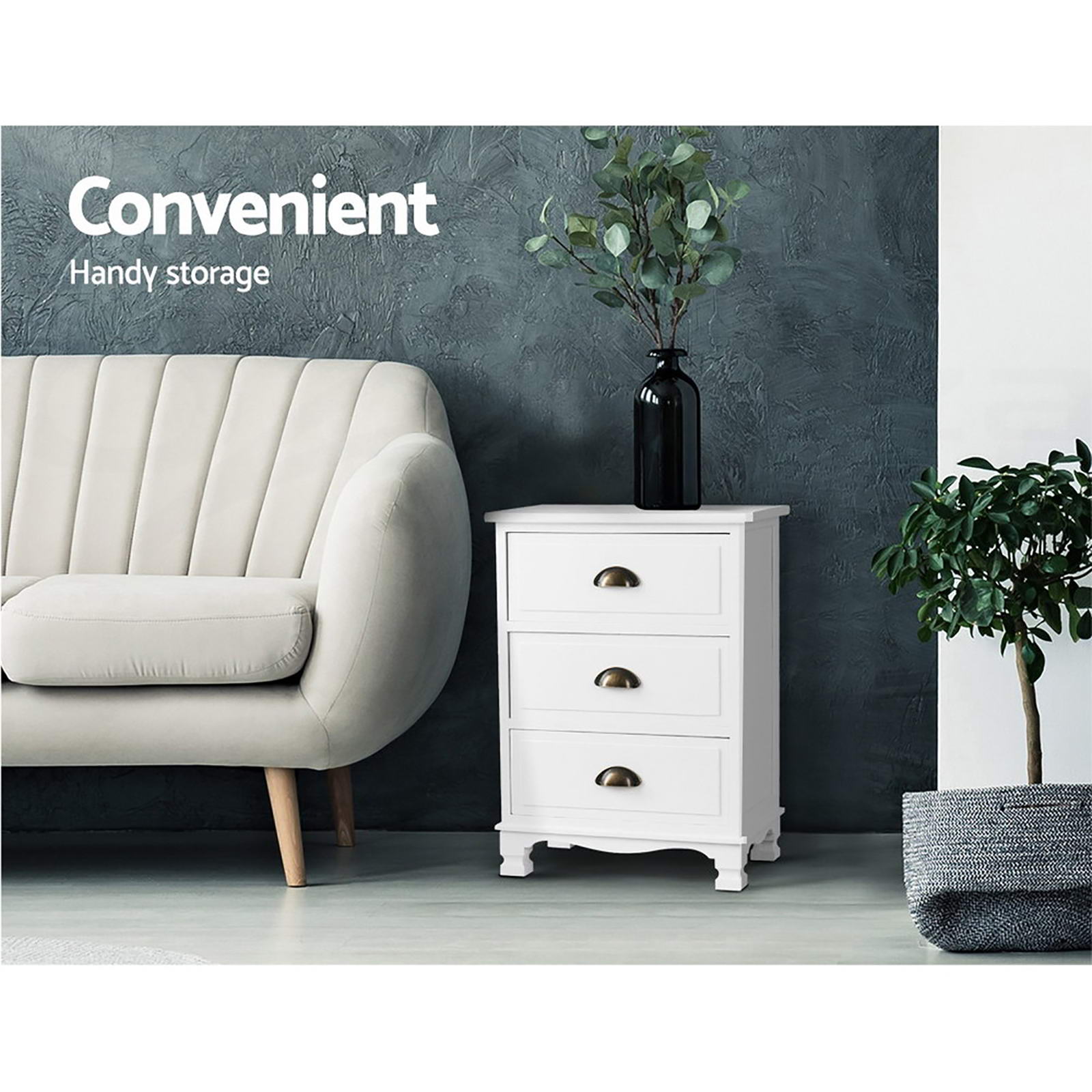 2x Bedside Table 3 Drawers Vintage - THYME White - Furniture > Bedroom > Bedside Tables - Rivercity House & Home Co. (ABN 18 642 972 209) - Affordable Modern Furniture Australia