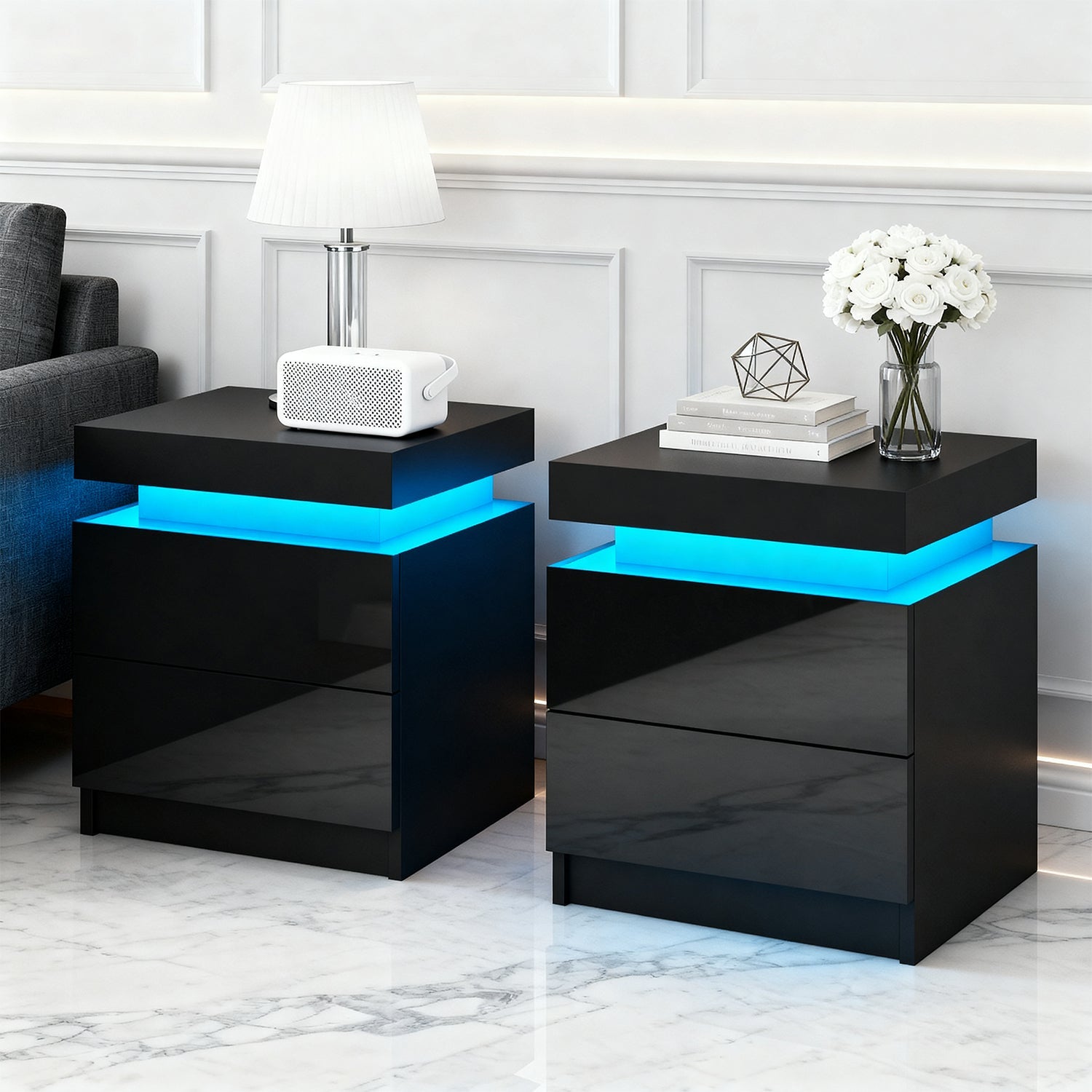 2X Bedside Table LED 2 Drawers Lift - up Storage - COLEY Black - Furniture > Bedroom > Bedside Tables - Rivercity House & Home Co. (ABN 18 642 972 209) - Affordable Modern Furniture Australia