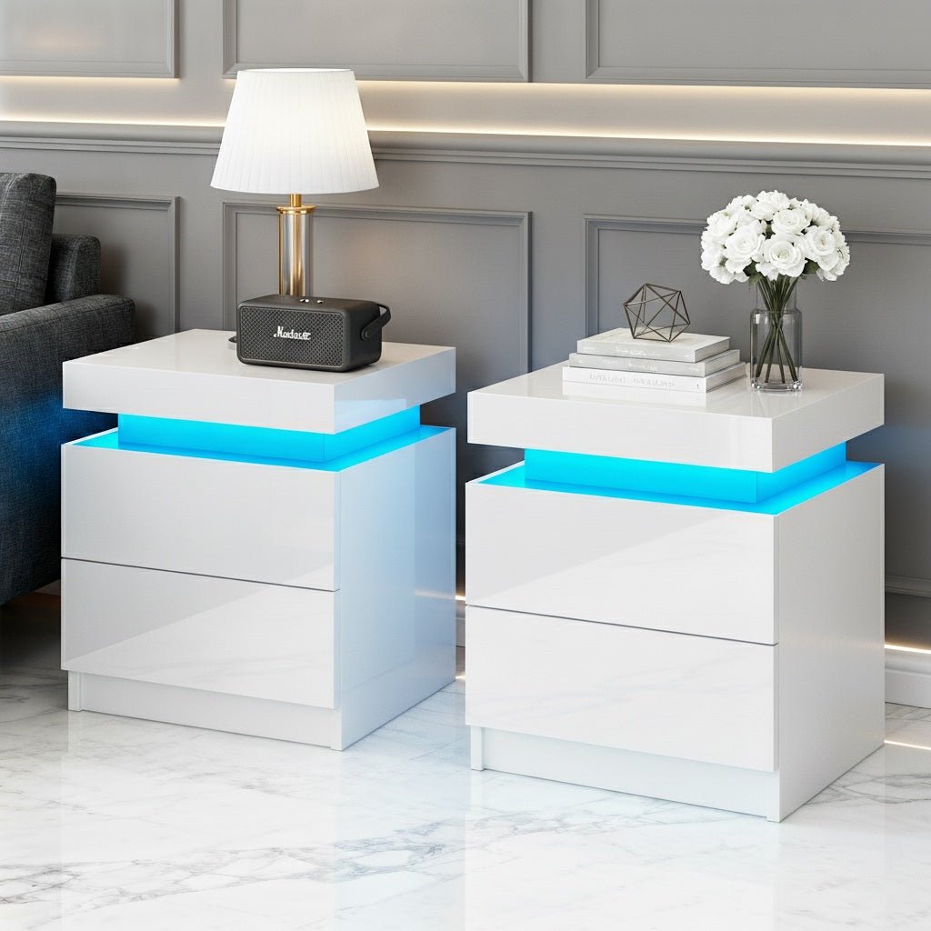 2X Bedside Table LED 2 Drawers Lift - up Storage - COLEY White - Furniture > Bedroom > Bedside Tables - Rivercity House & Home Co. (ABN 18 642 972 209) - Affordable Modern Furniture Australia