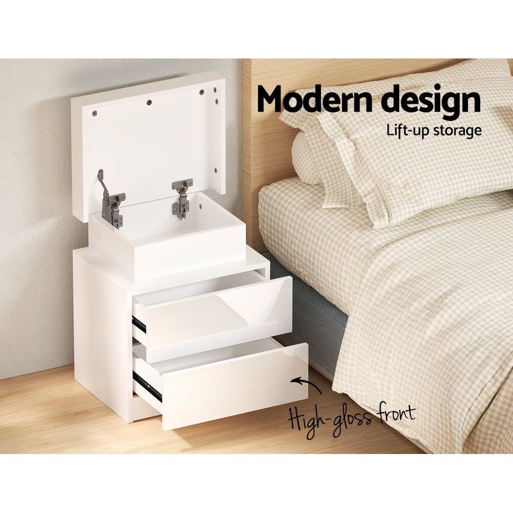 2X Bedside Table LED 2 Drawers Lift - up Storage - COLEY White - Furniture > Bedroom > Bedside Tables - Rivercity House & Home Co. (ABN 18 642 972 209) - Affordable Modern Furniture Australia