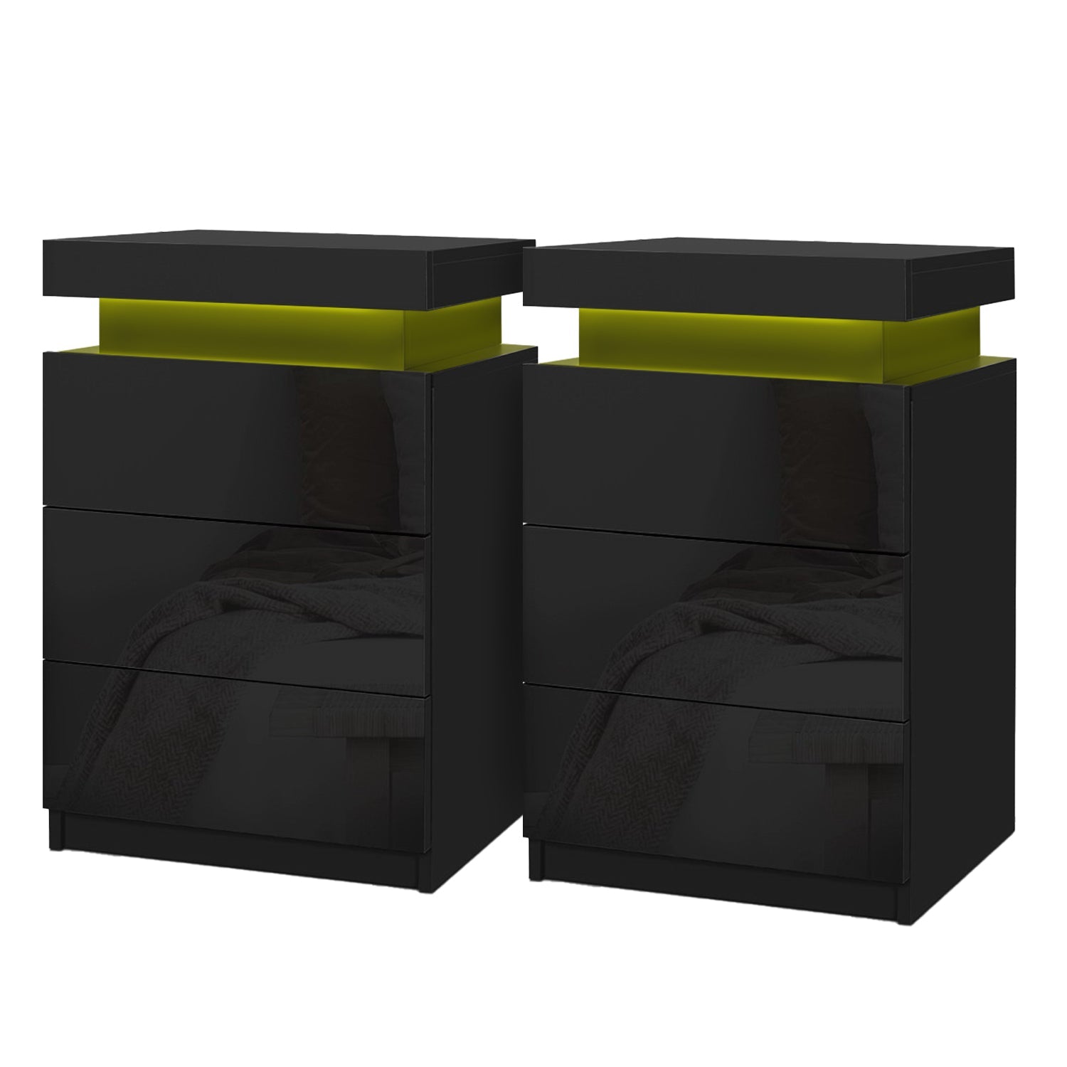 2X Bedside Table LED 3 Drawers - COLEY Black - Furniture > Bedroom > Bedside Tables - Rivercity House & Home Co. (ABN 18 642 972 209) - Affordable Modern Furniture Australia