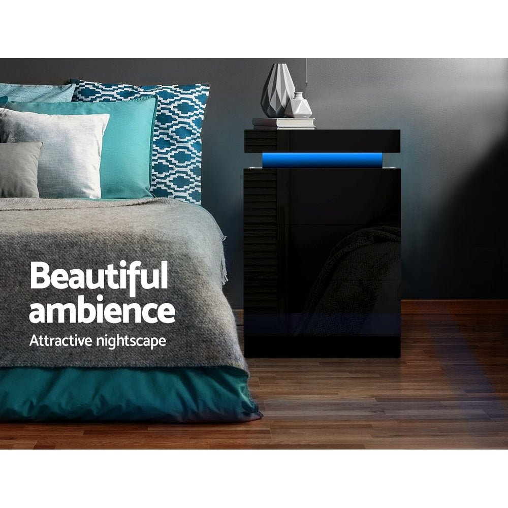 2X Bedside Table LED 3 Drawers - COLEY Black - Furniture > Bedroom > Bedside Tables - Rivercity House & Home Co. (ABN 18 642 972 209) - Affordable Modern Furniture Australia