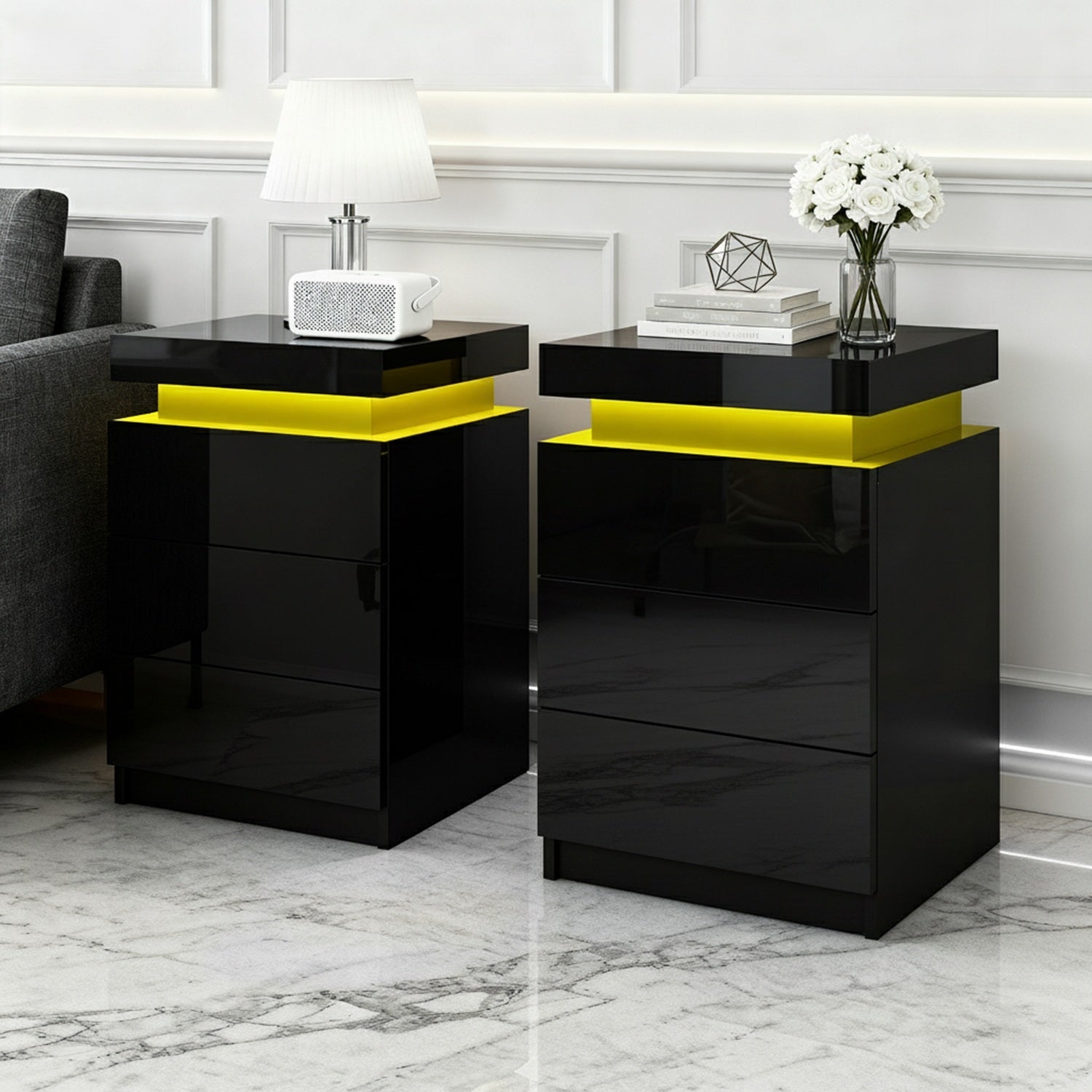 2X Bedside Table LED 3 Drawers - COLEY Black - Furniture > Bedroom > Bedside Tables - Rivercity House & Home Co. (ABN 18 642 972 209) - Affordable Modern Furniture Australia