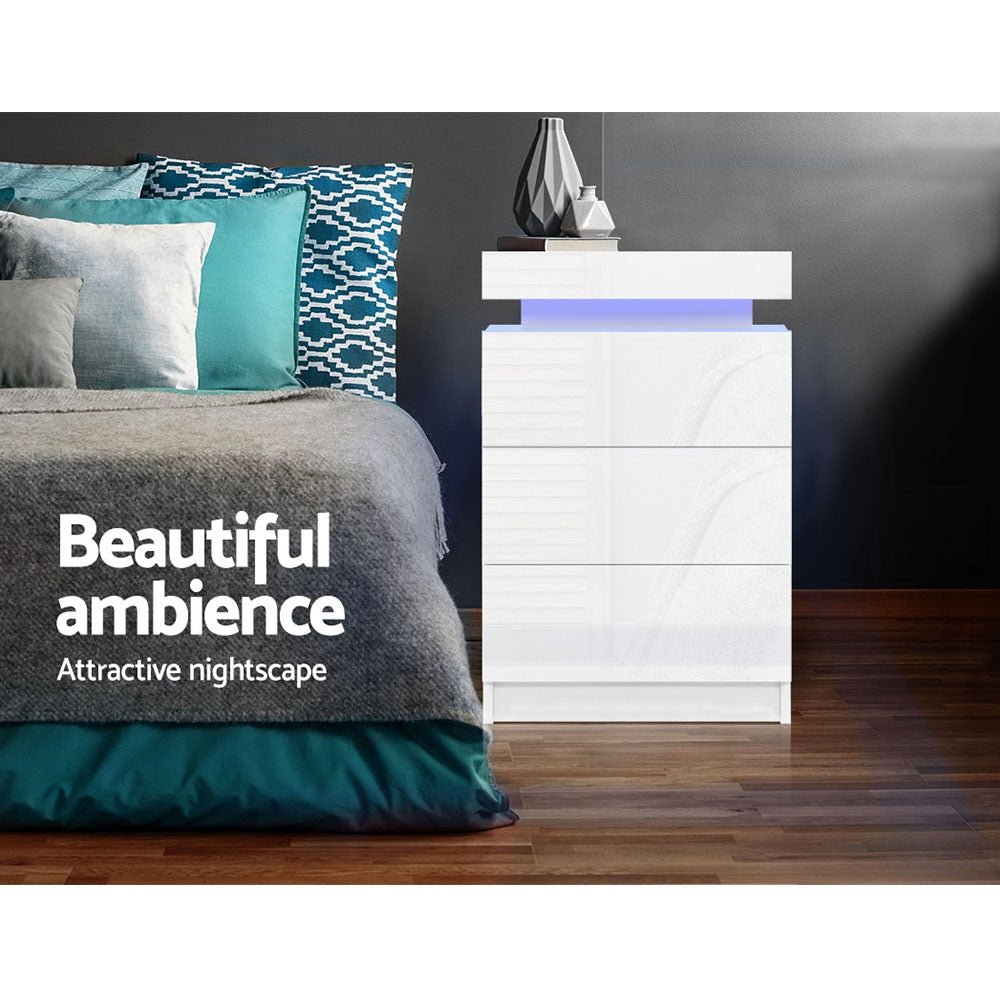 2X Bedside Table LED 3 Drawers - COLEY White - Furniture > Bedroom > Bedside Tables - Rivercity House & Home Co. (ABN 18 642 972 209) - Affordable Modern Furniture Australia