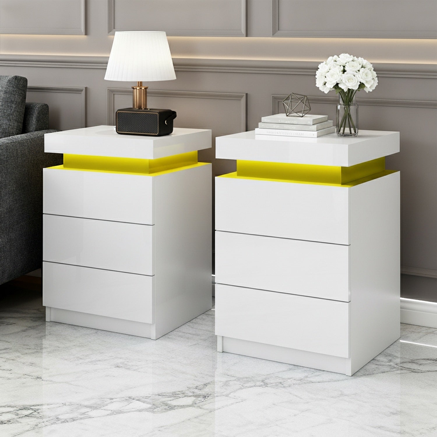 2X Bedside Table LED 3 Drawers - COLEY White - Furniture > Bedroom > Bedside Tables - Rivercity House & Home Co. (ABN 18 642 972 209) - Affordable Modern Furniture Australia