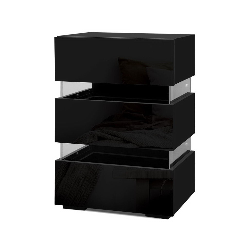 2x Bedside Table LED 3 Drawers - LUMI Black - Furniture > Bedroom > Bedside Tables - Rivercity House & Home Co. (ABN 18 642 972 209) - Affordable Modern Furniture Australia