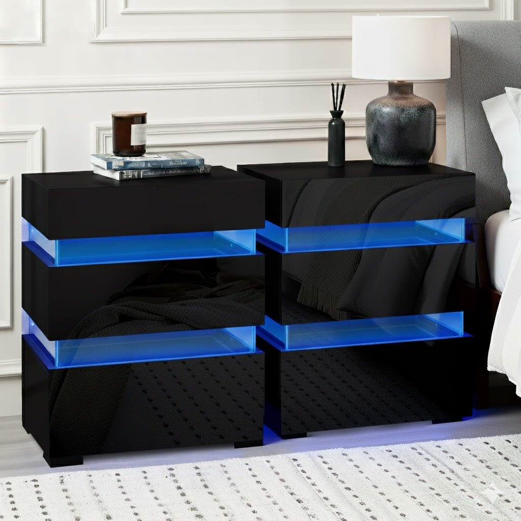 2x Bedside Table LED 3 Drawers - LUMI Black - Furniture > Bedroom > Bedside Tables - Rivercity House & Home Co. (ABN 18 642 972 209) - Affordable Modern Furniture Australia