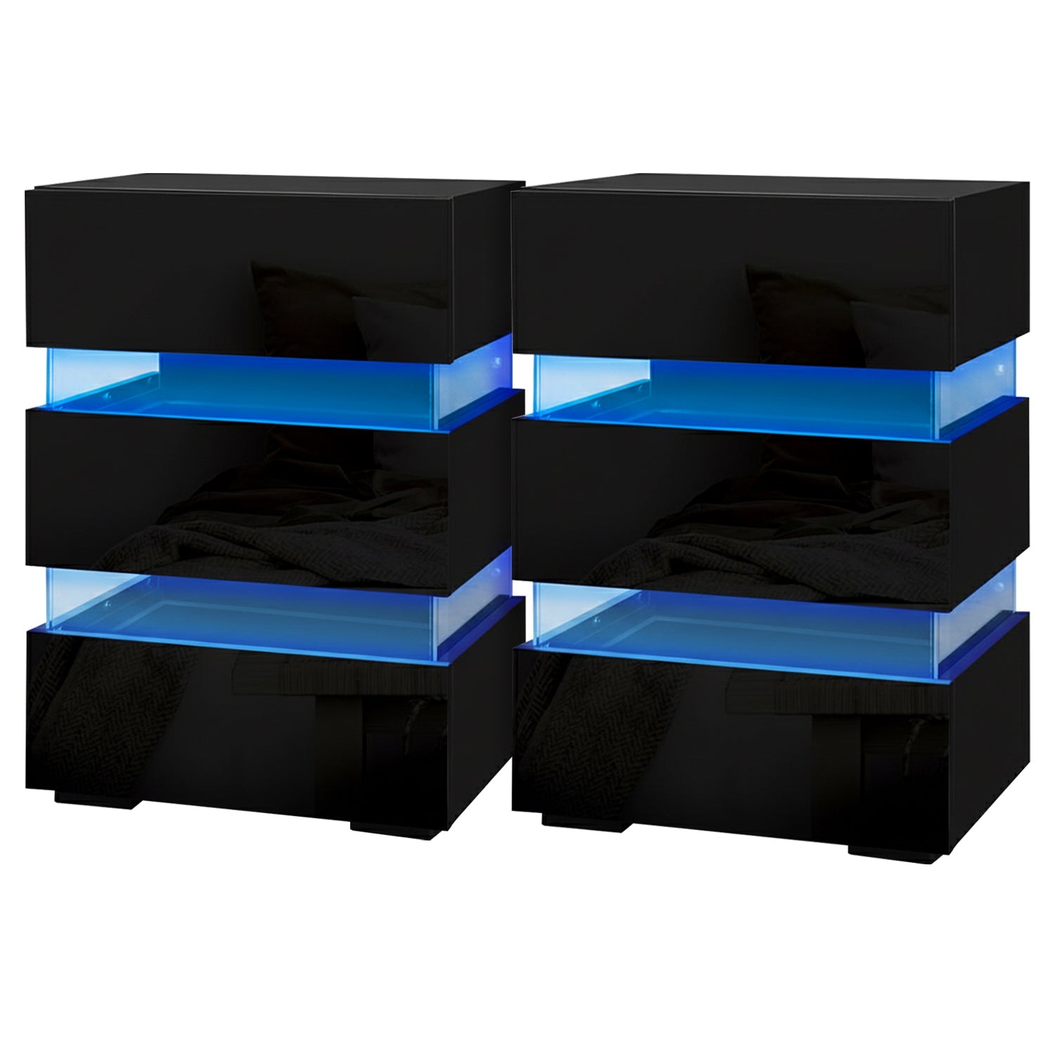 2x Bedside Table LED 3 Drawers - LUMI Black - Furniture > Bedroom > Bedside Tables - Rivercity House & Home Co. (ABN 18 642 972 209) - Affordable Modern Furniture Australia
