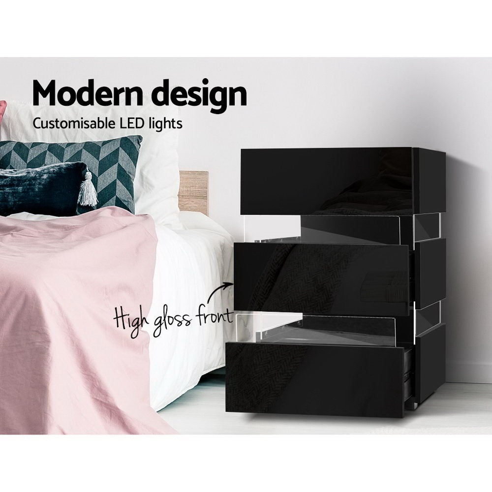 2x Bedside Table LED 3 Drawers - LUMI Black - Furniture > Bedroom > Bedside Tables - Rivercity House & Home Co. (ABN 18 642 972 209) - Affordable Modern Furniture Australia