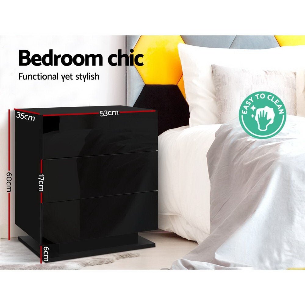 2x Bedside Table LED 3 Drawers - MORI Black - Furniture > Bedroom > Bedside Tables - Rivercity House & Home Co. (ABN 18 642 972 209) - Affordable Modern Furniture Australia