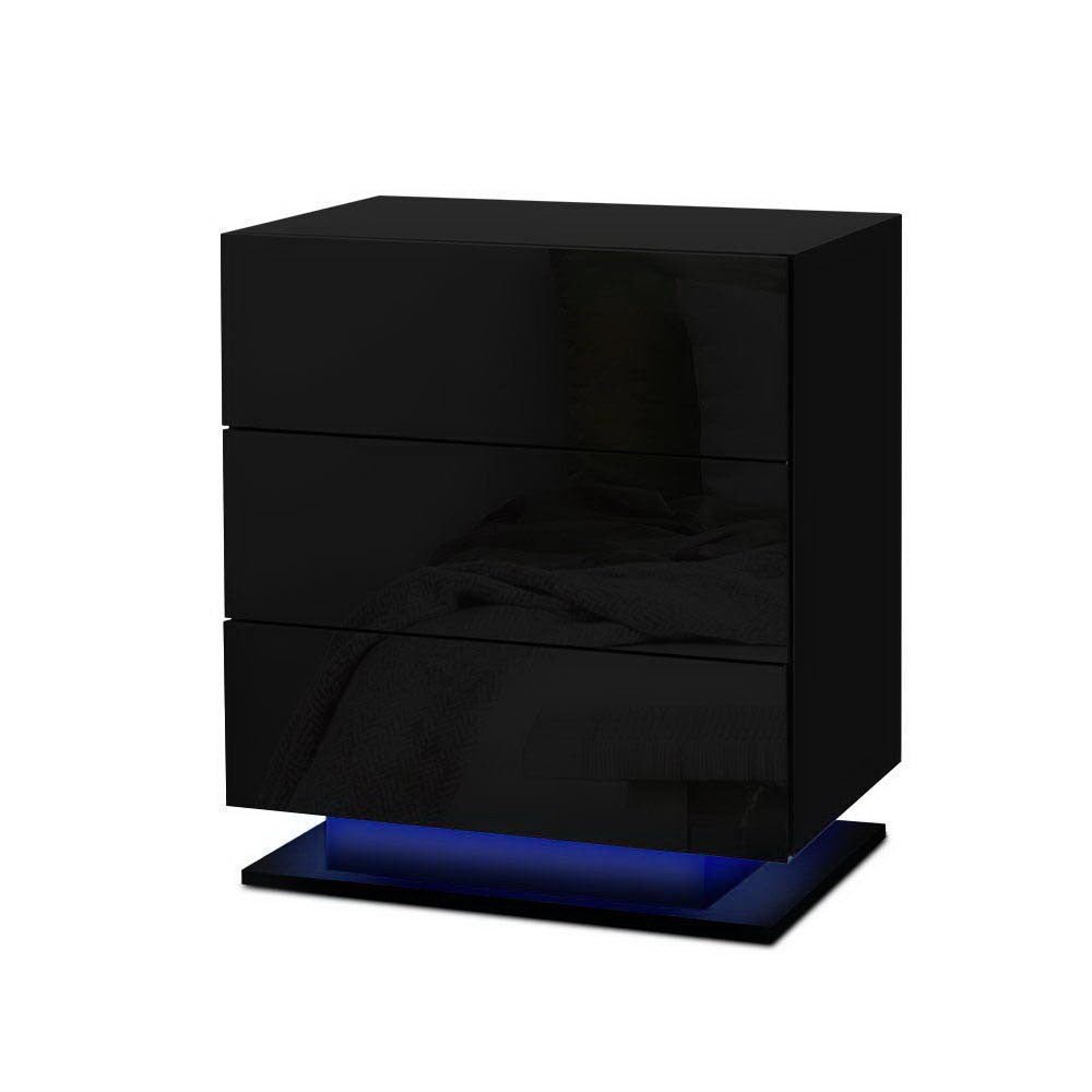 2x Bedside Table LED 3 Drawers - MORI Black - Furniture > Bedroom > Bedside Tables - Rivercity House & Home Co. (ABN 18 642 972 209) - Affordable Modern Furniture Australia