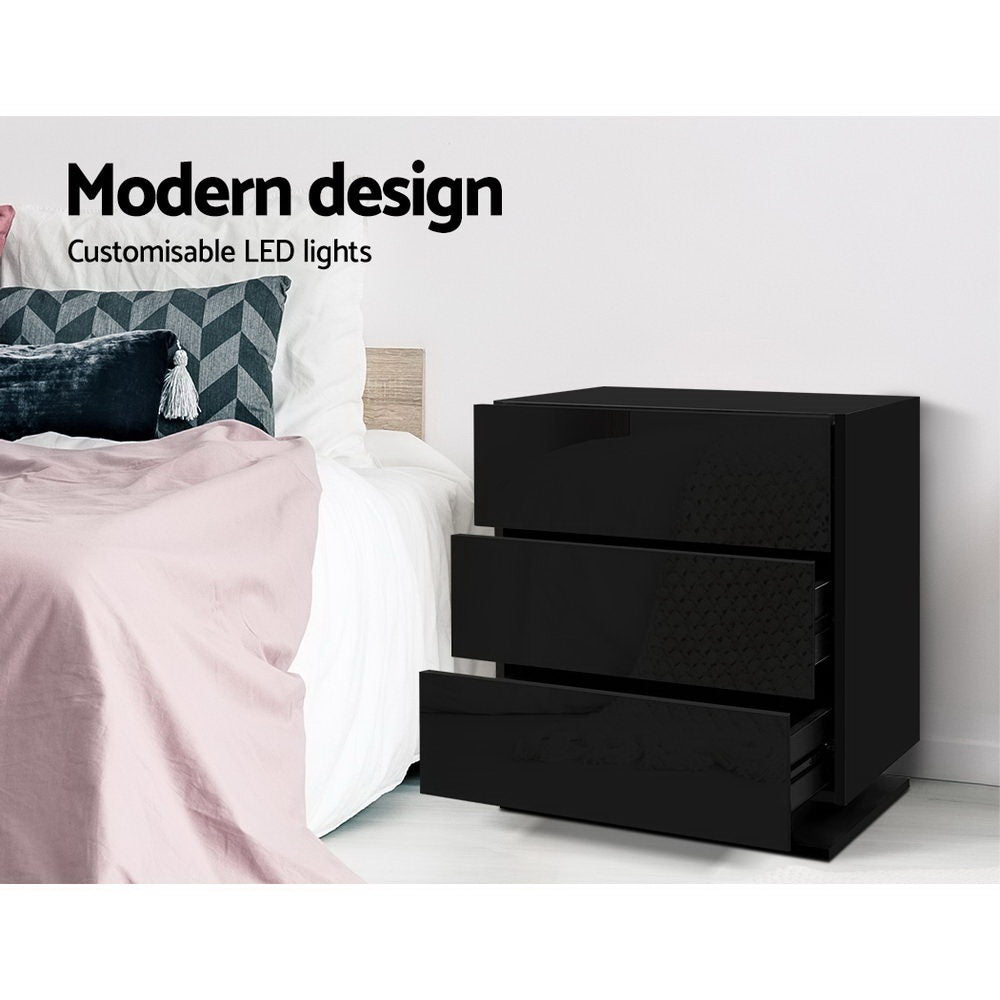 2x Bedside Table LED 3 Drawers - MORI Black - Furniture > Bedroom > Bedside Tables - Rivercity House & Home Co. (ABN 18 642 972 209) - Affordable Modern Furniture Australia