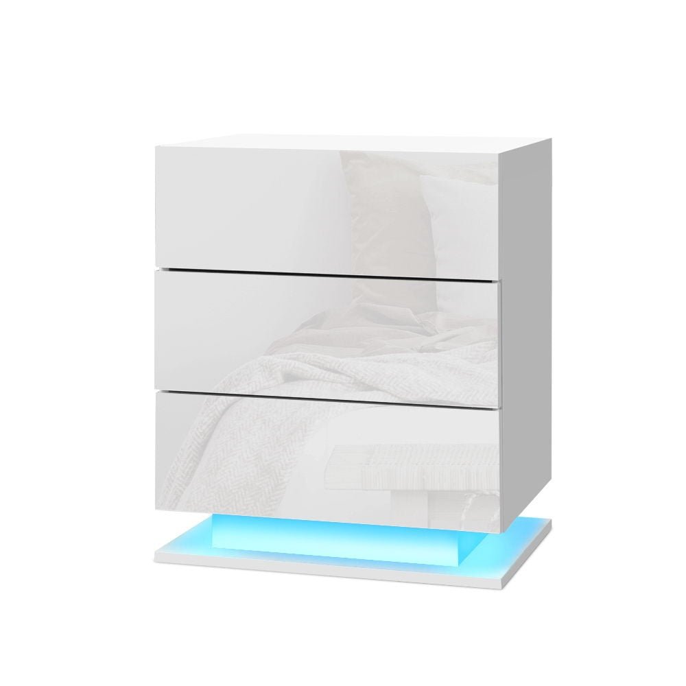 2x Bedside Table LED 3 Drawers - MORI White - Furniture > Bedroom > Bedside Tables - Rivercity House & Home Co. (ABN 18 642 972 209) - Affordable Modern Furniture Australia