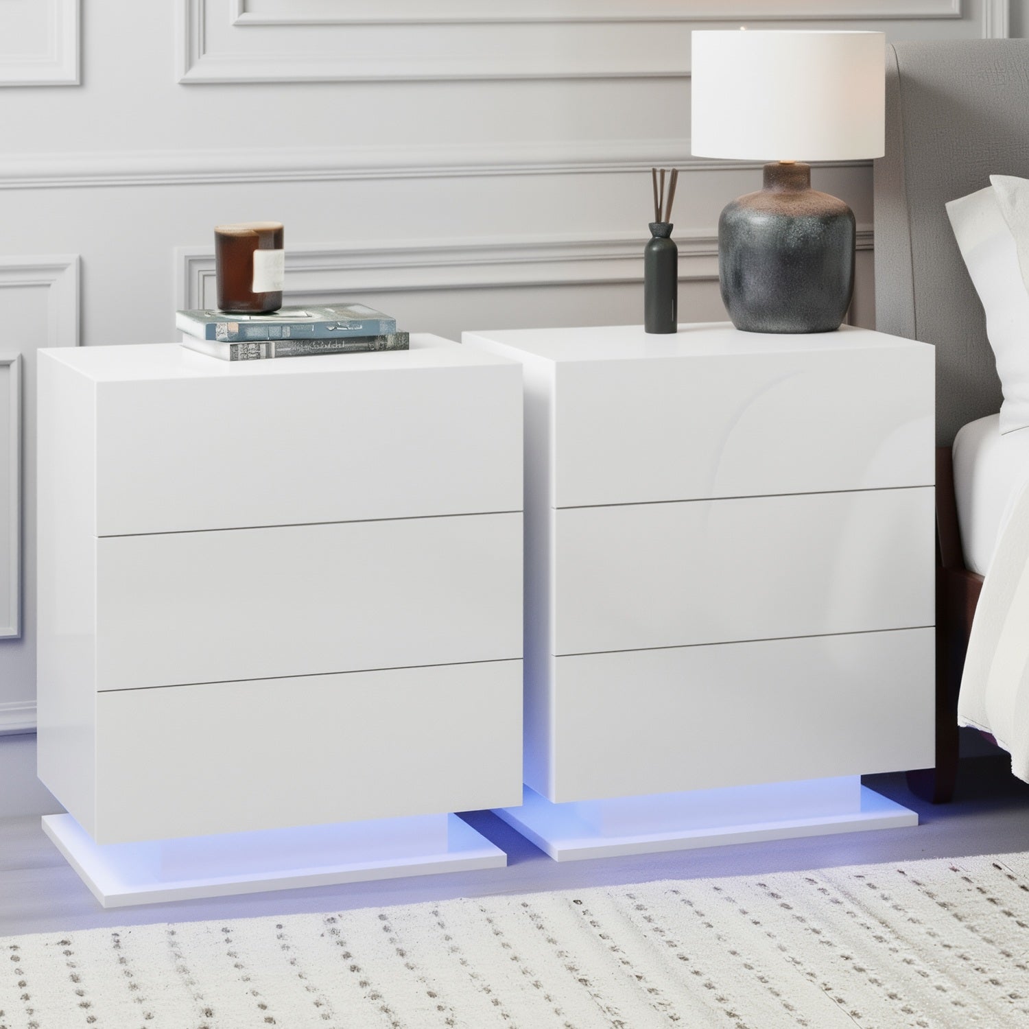 2x Bedside Table LED 3 Drawers - MORI White - Furniture > Bedroom > Bedside Tables - Rivercity House & Home Co. (ABN 18 642 972 209) - Affordable Modern Furniture Australia