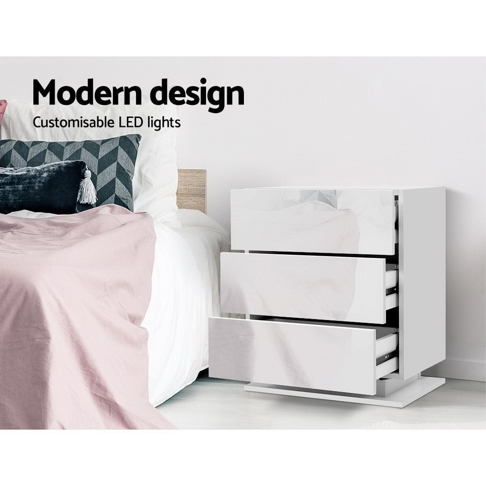 2x Bedside Table LED 3 Drawers - MORI White - Furniture > Bedroom > Bedside Tables - Rivercity House & Home Co. (ABN 18 642 972 209) - Affordable Modern Furniture Australia