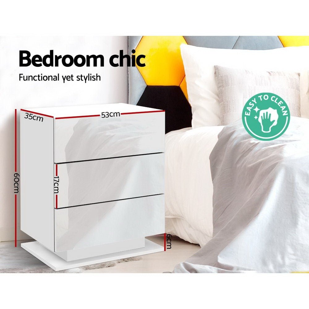 2x Bedside Table LED 3 Drawers - MORI White - Furniture > Bedroom > Bedside Tables - Rivercity House & Home Co. (ABN 18 642 972 209) - Affordable Modern Furniture Australia